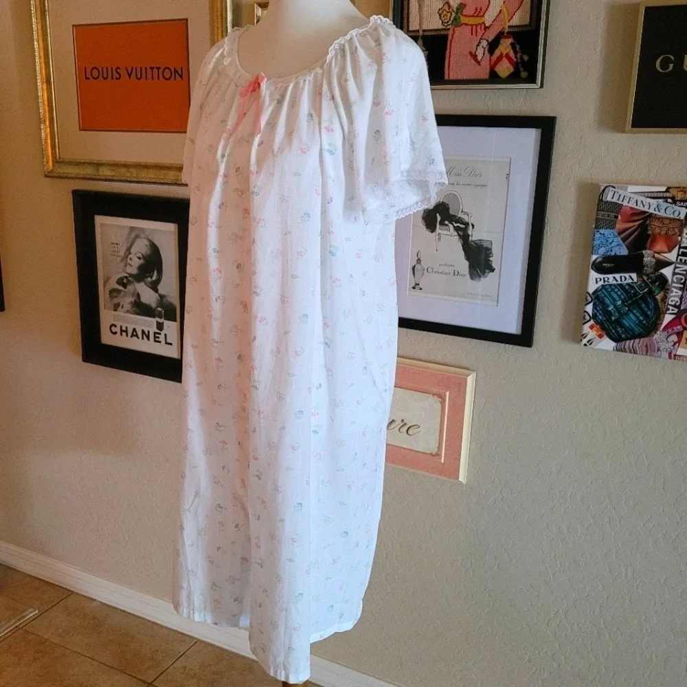 Vintage Floral Button Front Nightgown White Pink Lace Trim Cottagecore - Picture 5 of 8